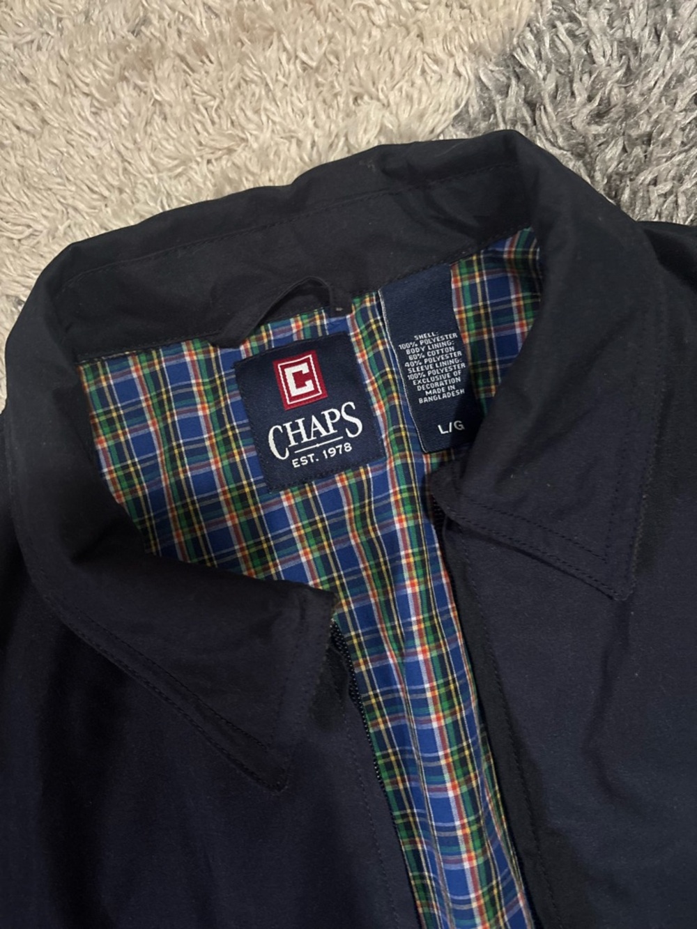 Chaps Lightweight Navy Jacket with Plaid Lining